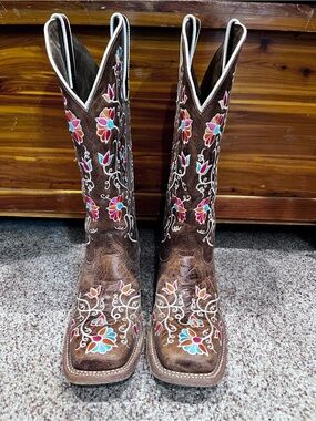 Ariat Brown Leather Western Boots with Pink & Blue Floral Embroidery